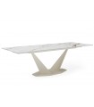 ALLEGRA - Table à manger extensible en céramique blanche effet marbre et pieds beige L 160 / 240
