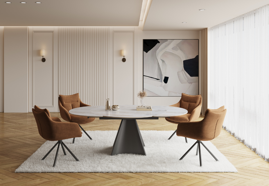 SOPHIA - Table ronde extensible en céramique marbrée beige et pied noir L120/180