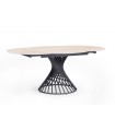 ARIANNA - Table à manger ronde extensible en céramique effet travertin et pied noir - L 120 / 180