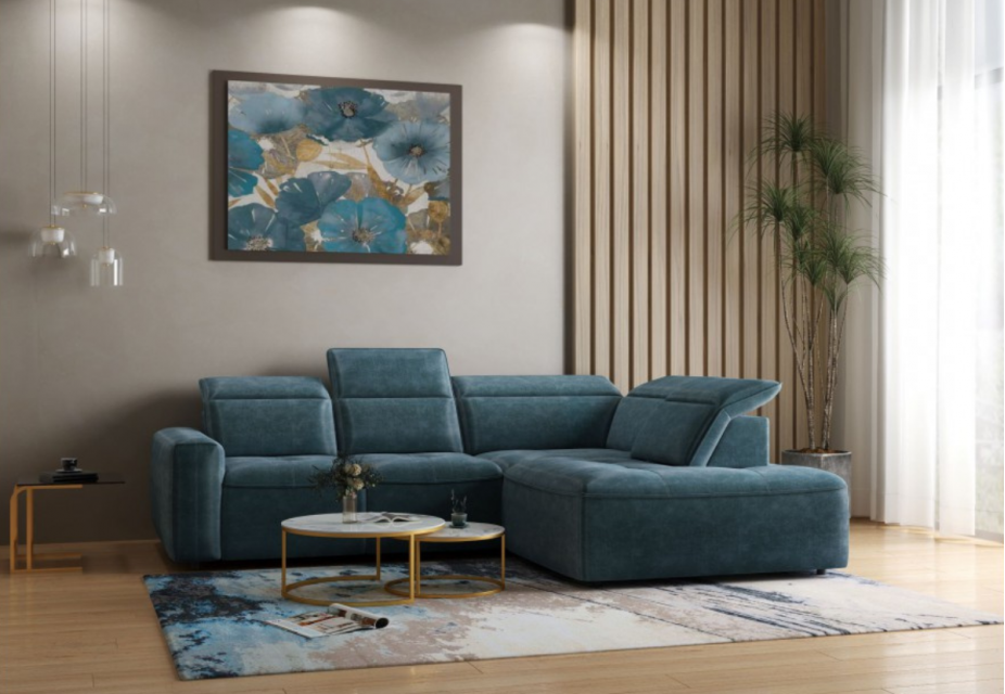 ALESSANDRO - Canapé d'angle droit relax en velours bleu vintage