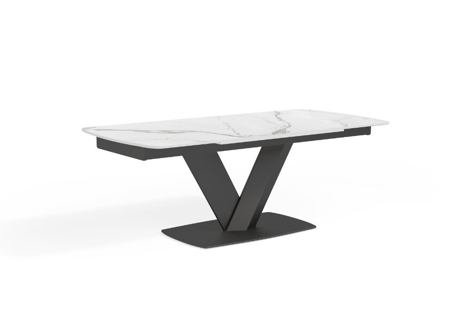 KENZA - Table à manger extensible en céramique Blanche et pied noir - L 180 / 260