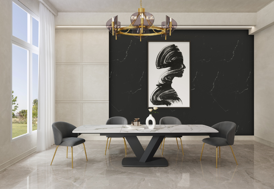 KENZA - Table à manger extensible en céramique Blanche et pied noir - L 180 / 260
